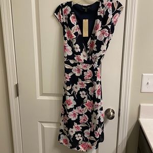 Banana Republic navy floral midi wrap dress.